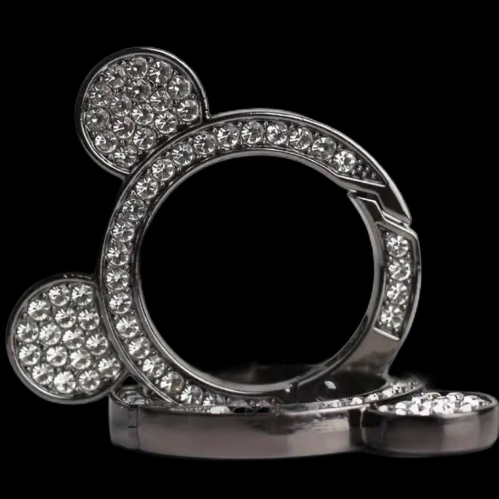 BAG CHARM Cartoon Mouse Ears Keychain with Rhinestones Rhodium Tone NIP